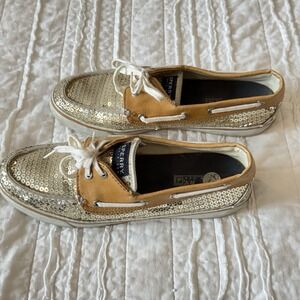 SPERRY Boat Shoes Gold‎ Sequins Fisherman Festive Women's Top Sider Size 9.5 M